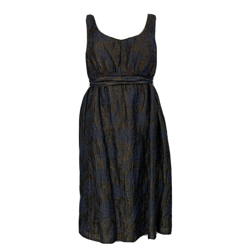 Walter Dress Womens Sz 10 Navy Blue Brown Silk A Line Belted Empire‎ Sleeveless